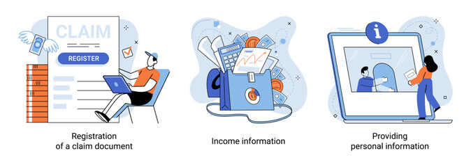 Registration of claim form register document, providing personal information, income information vector set. Employer form, earnings statement documents. Tax, financial and accounting reporting