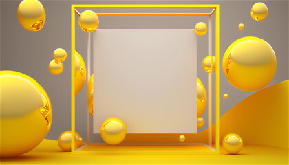 Abstract summer background with light mock up square in the middle and yellow foil iridiscent balls flying around, Ai generated