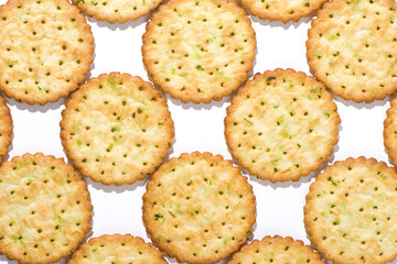 Group of tasty crackers or biscuit texture background.