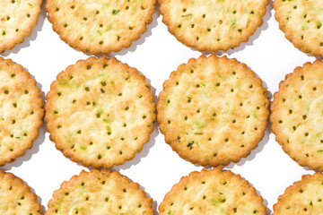 Group of tasty crackers or biscuit texture background.