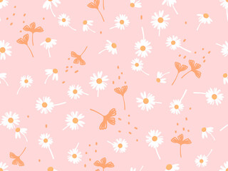 Seamless pattern with daisy flower and orange flower on pink background vector illustration. Cute floral print.