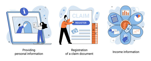 Registration of claim form register document, providing personal information, income information vector set. Employer form, earnings statement documents. Tax, financial and accounting reporting