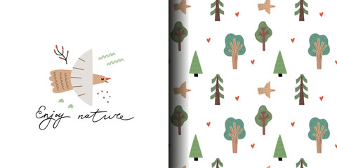 Forest print and pattern. Cute bird and green trees. Cartoon childish print, scandinavian design. Decor textile wrapping paper, nursery wallpaper. Doodle drawing, woodland vector seamless background