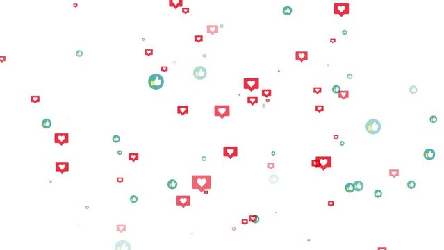 Thumbs Up and Heart SNS Like or Love icons Swirling in White background. Blue Thumbs Up Circle and Red Heart SNS Like button icons. Social Networking Like or Love concept. 4K Motion Graphics video