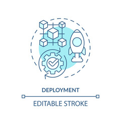 Deployment turquoise concept icon. Software integration in system. DAO lunch step abstract idea thin line illustration. Isolated outline drawing. Editable stroke. Arial, Myriad Pro-Bold fonts used