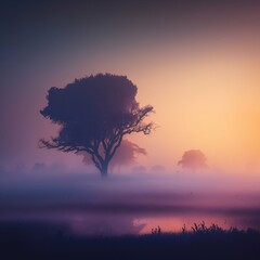 Beautiful landscape of dawn during the early morning with low-lying fog covering
