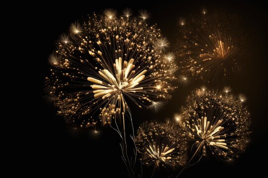 Golden fireworks blooms against a pitch black night sky. Vertical image. Generative AI