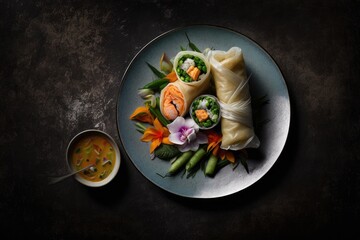 On a plate, there is a spring roll with vegetables and shrimp. horizontal looking down. Generative AI