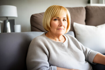 Naklejka premium Depressed lonely fat woman in casual cloth sitting on couch at home. Generative ai