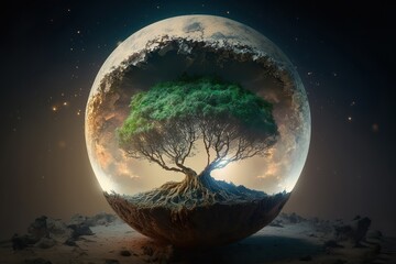 Tree in a sphere, Moon background, life on the moon, Generative Ai