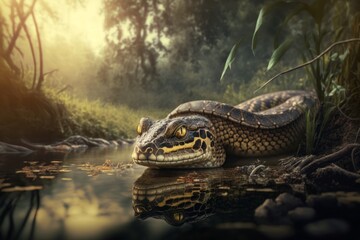 Reticulated python in the rainforest at sunset. Wildlife scene. Generative AI