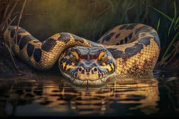 Close-up of the head of a snake in the water. Generative AI