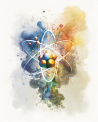 Atom model. Colorful watercolor illustration on white, Generative AI