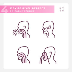 Throat treatment pixel perfect RGB color linear icons set. Infections spreading prevention. Patients with diseases. Isolated vector illustration. Simple filled line drawing. Editable stroke