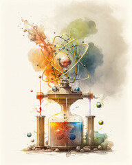 Atomic physics experiment. Concept watercolor illustration. Generative AI