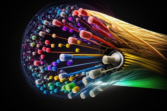 Fiber optic strands connected to a broadband Ethernet connection using the FTTP full fiber concept. Generative AI