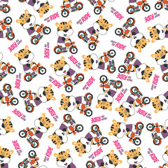 Fototapeta na wymiar Seamless pattern texture with Cute little tiger Riding motorcycle, Cartoon Vector Icon Illustration. For fabric textile, nursery, baby clothes, background, textile, wrapping paper and other decoration