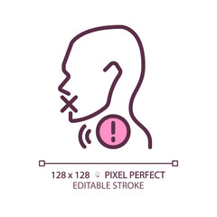 Hoarseness pixel perfect RGB color linear icon. Voice changing problem. Throat disease treatment. Medical service. Thin line illustration. Contour symbol. Vector outline drawing. Editable stroke