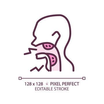 Tonsillitis cancer pixel perfect RGB color linear icon. Inflammatory process in throat. Viral infection caused disease. Thin line illustration. Contour symbol. Vector outline drawing. Editable stroke