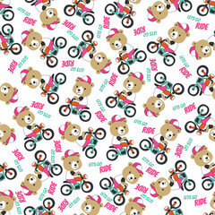 Seamless pattern texture with Cute little bear Riding motorcycle, Cartoon Vector Icon Illustration. For fabric textile, nursery, baby clothes, background, textile, wrapping paper and other decoration.