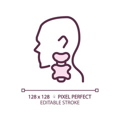 Thyroid pixel perfect RGB color linear icon. Butterfly shaped gland in throat. Hormones making organ. Human anatomy. Thin line illustration. Contour symbol. Vector outline drawing. Editable stroke
