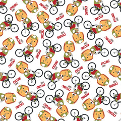 Colorful seamless pattern with cute cartoon lion riding bicycle . Endless texture for fabric, baby clothes, background, textile, wallpaper and other decoration.
