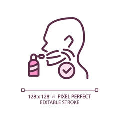 Throat spray pixel perfect RGB color linear icon. Remedy for inflammatory treatment. Breathe refreshing material. Thin line illustration. Contour symbol. Vector outline drawing. Editable stroke