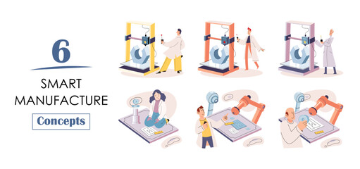 Manufacturing process industry. Scientist robot assembling products. Smart manufacture, automation development metaphor. Smart industry product design, automated production, robots and machinery 4.0