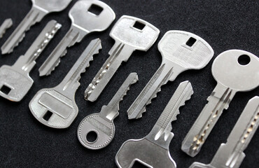 Metal Keys With Variety Types Of Blade In A Rows On Black Background
