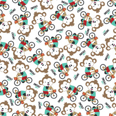 Colorful seamless pattern with cute cartoon monkey riding bicycle . Endless texture for fabric, baby clothes, background, textile, wallpaper and other decoration.