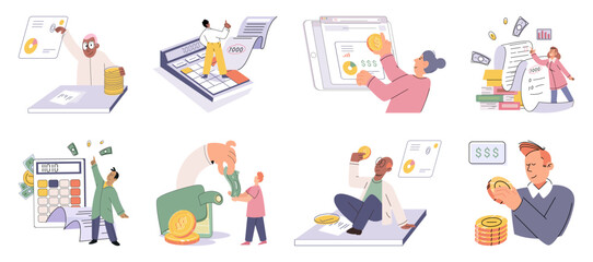 Set of people analyzing personal or corporate budget. Concept of finance accounting and calculation of financial income and expenses report. Financial consultant with document for tax computation