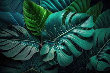 Tropical foliage, close up abstract green leaf texture, background. Generative AI