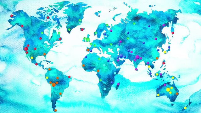 social viral marketing network community online media global business internet population world map art design illustration, 7 earth chakra location color watercolor painting stop motion 4k animation