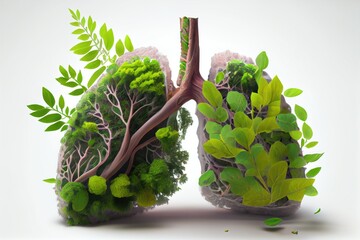 The lung are refreshed by the nature of green plants for health concept on white background. generative Ai