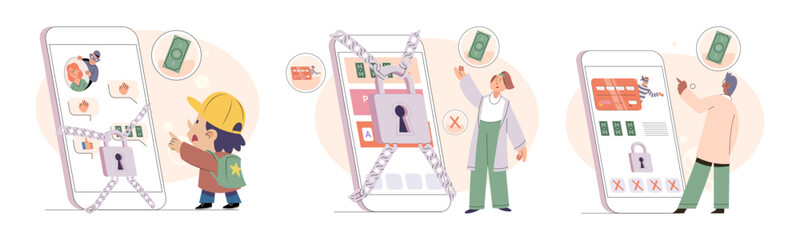 Hacker activity. Hacking computer. Phishing account, steal data, cyber attack. Stealing password. Cyber crime, theft personal information, cyber security spy access. Internet fraud scenes set metaphor