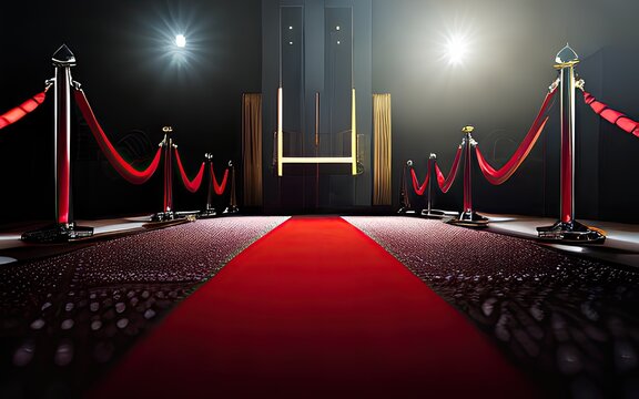 Ai Generated low angled, selective focus Image of Red Carpet, Award function or ceremony where celebrities walks to the award function or shows and pose for photoshoot where Photographers takes photos