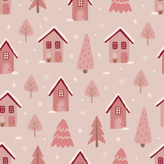 Christmas seamless pattern with trees and houses