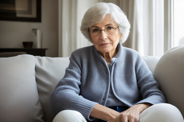 Fototapeta na wymiar Sad tired ill sick lonely disappointed caucasian old elderly senior woman grandmother sitting on the sofa couch, feeling nostalgy, pain, missing grandchildren, bankruptcy, fraud at home. Generative ai