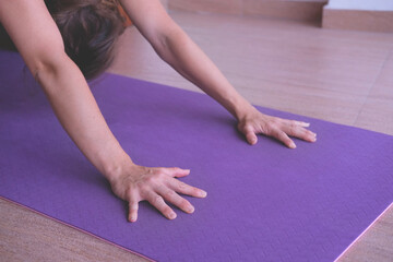 Young woman doing yoga exercise downward facing dog on mat in living room at home.