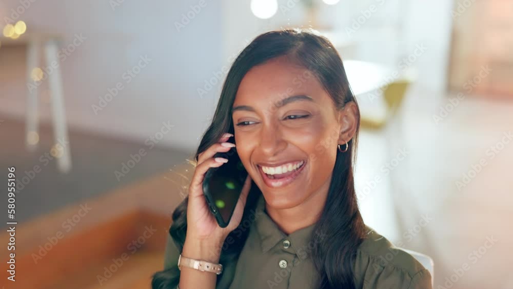 Poster woman, phone call and conversation, laughing and communication with business contact and networking.