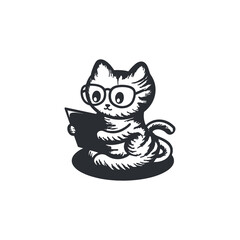 smart cat holding tablet or book and wear glasses illustration flat logo