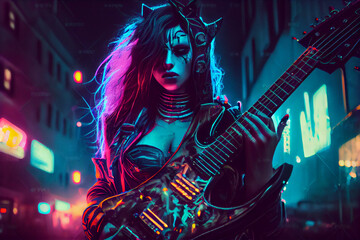 Cyberpunk girl guitar player at night street with neon light background. Joyful street musician playing music solo