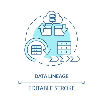 Data lineage turquoise concept icon. Information flow record. Data lake key concept abstract idea thin line illustration. Isolated outline drawing. Editable stroke. Arial, Myriad Pro-Bold fonts used