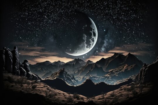 Night sky in the distance. Moon atop the peaks. Moon and starry night landscape. Generative AI
