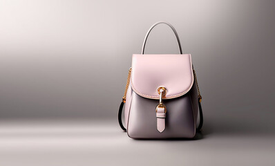 Beautiful trendy smooth youth women's handbag backpack in pink color on a gray studio background. AI generated.