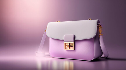 Beautiful trendy smooth women's handbag briefcase in pink color on a violet studio background. AI generated.