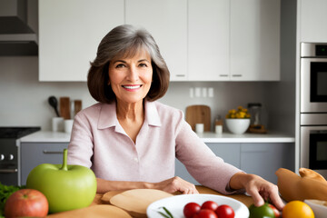 Beautiful senior mature woman preparing healthy and delicious food in a modern kitchen. Generative ai