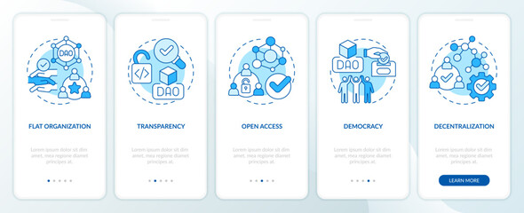 DAO characteristics blue onboarding mobile app screen. IoT walkthrough 5 steps editable graphic instructions with linear concepts. UI, UX, GUI template. Myriad Pro-Bold, Regular fonts used