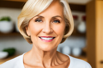 Fototapeta premium Beautiful senior mature woman preparing healthy and delicious food in a modern kitchen. Generative ai
