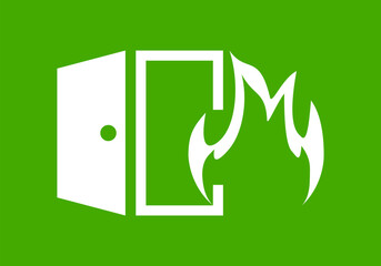 White emergency exit door fire escape sign warning icon on green background flat vector design